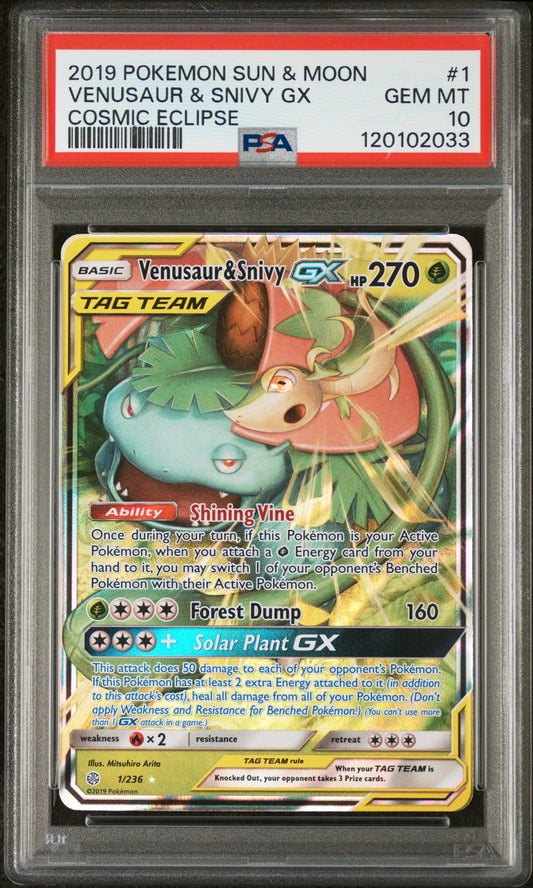 2019 POKEMON SUN & MOON COSMIC ECLIPSE #1 VENUSAUR & SNIVY GX PSA 10